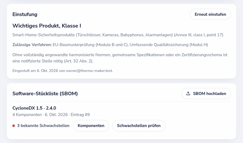 Ein Produkt im CRA-Register: Klassifizierung Klasse I mit den zulässigen Konformitätsverfahren und die SBOM mit bekannten Schwachstellen