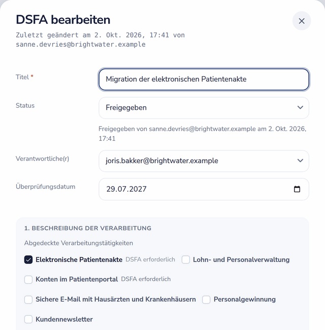 Datenschutz-Folgenabschätzung mit Status, Freigabestempel, verantwortlicher Person, Überprüfungstermin und den abgedeckten Verarbeitungstätigkeiten