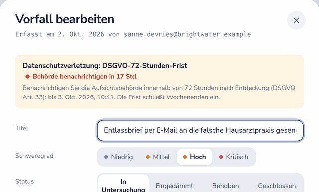 Vorfallformular mit der DSGVO-72-Stunden-Uhr: Aufsichtsbehörde in 17 Stunden benachrichtigen