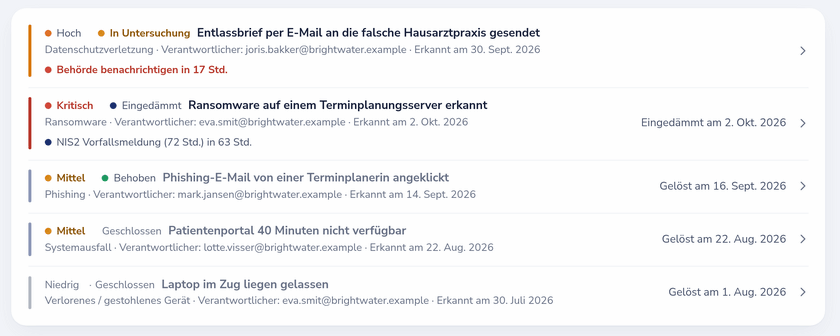 Vorfallsregister mit DSGVO-Meldungs-Countdown und einem NIS2-Meilenstein für die Vorfallmeldung
