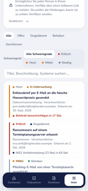 Vorfallregister auf einem Smartphone mit DSGVO- und NIS2-Countdowns