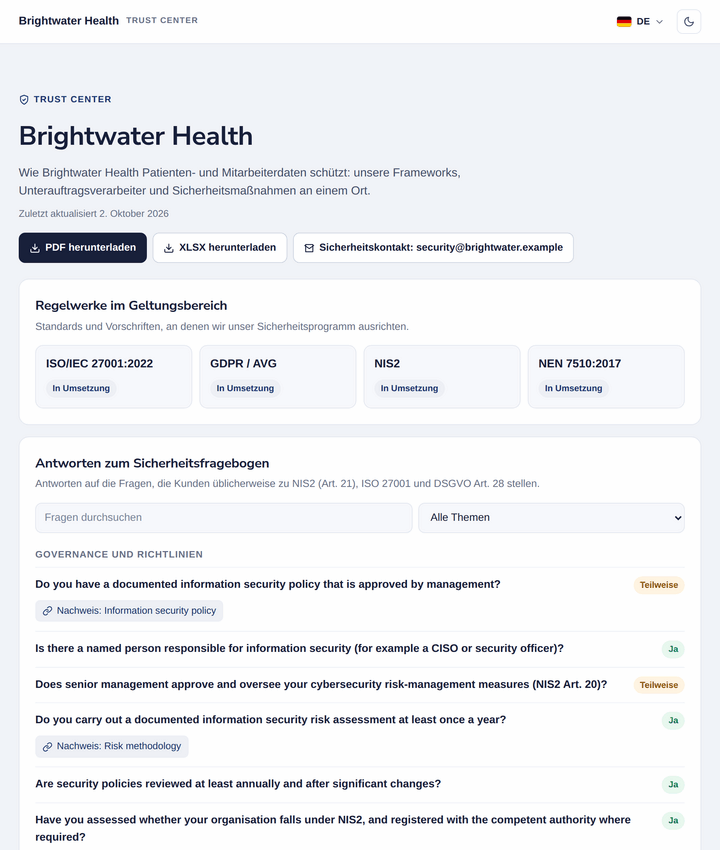 Öffentliche Trust-Seite mit Frameworks im Geltungsbereich und Antworten auf Standardfragen aus Sicherheitsfragebögen