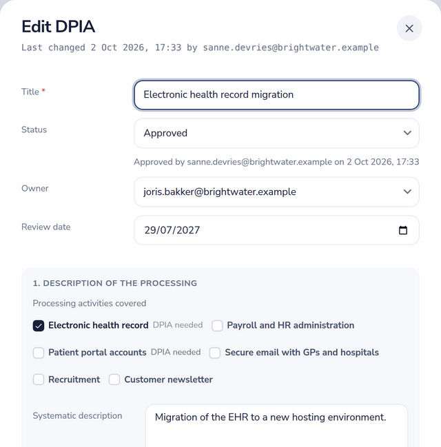 Data protection impact assessment with status, approval stamp, owner, review date and the processing activities it covers