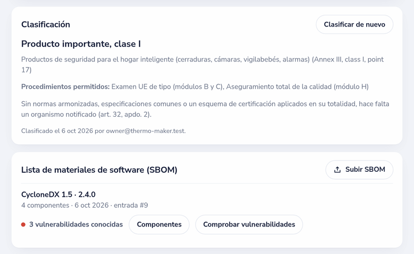 Un producto en el registro CRA: clasificación de clase I con los procedimientos de conformidad permitidos, y su SBOM con vulnerabilidades conocidas