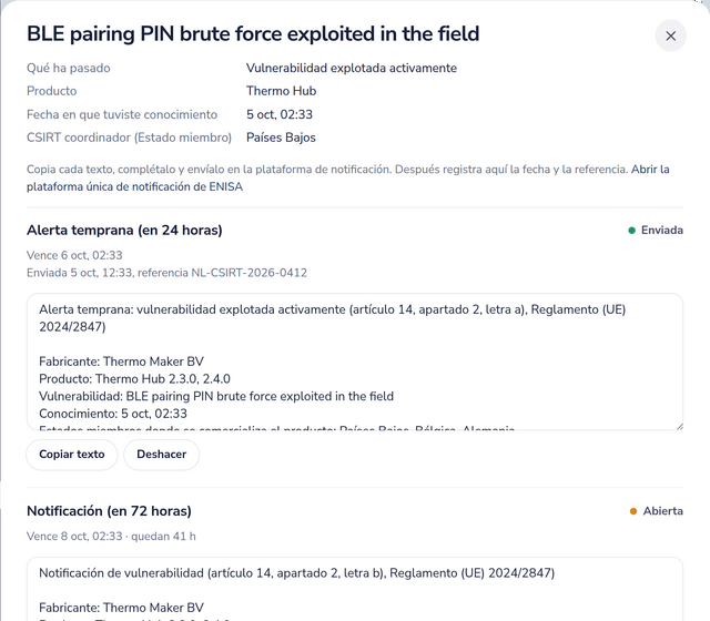 Una notificación del artículo 14 de una vulnerabilidad explotada activamente, con la alerta temprana presentada y el plazo de notificación en curso
