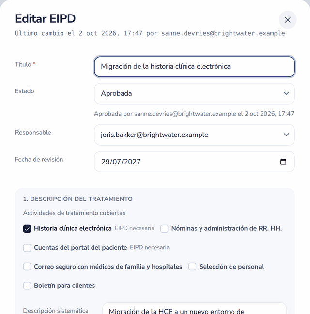 Evaluación de impacto relativa a la protección de datos con estado, sello de aprobación, responsable, fecha de revisión y las actividades de tratamiento que abarca