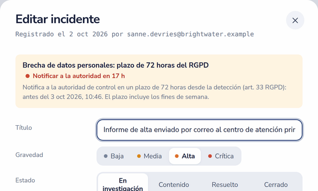 Formulario de incidente con el reloj de 72 horas del RGPD: notifica a la autoridad en 17 horas