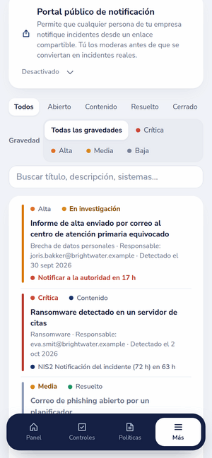 Registro de incidentes en un móvil con cuentas atrás del RGPD y NIS2