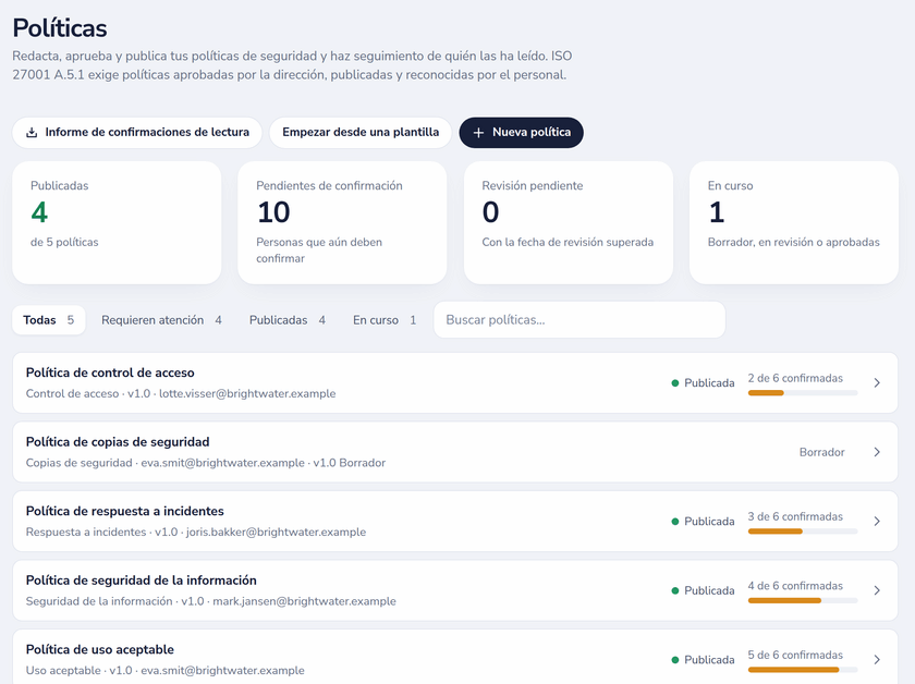 Registro de políticas con las políticas publicadas y el avance de confirmación por política