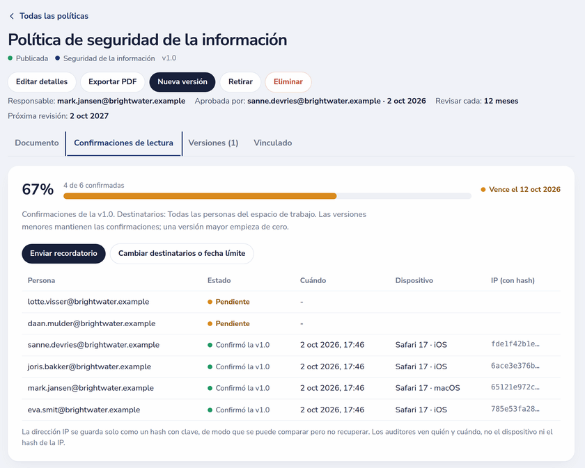 Confirmaciones de la política de seguridad de la información: quién confirmó qué versión y cuándo, y quién está pendiente
