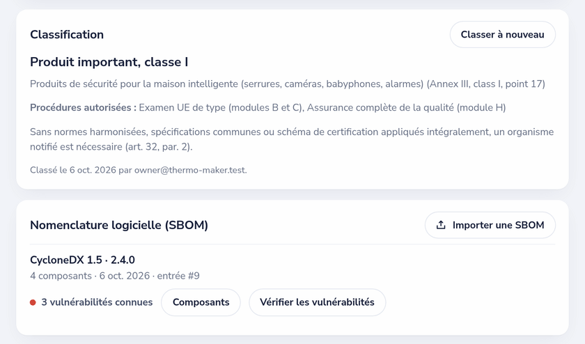 Un produit du registre CRA : classification classe I avec les procédures d’évaluation de la conformité autorisées, et sa SBOM avec les vulnérabilités connues