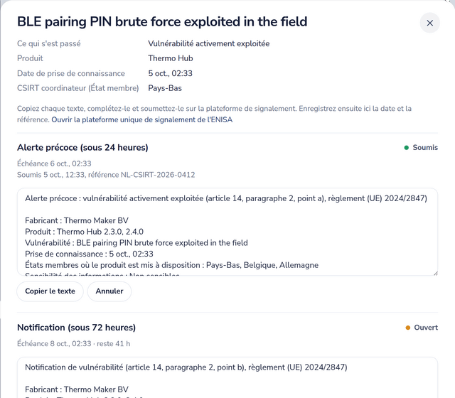 Une notification au titre de l’article 14 pour une vulnérabilité activement exploitée, avec l’alerte précoce transmise et le délai de notification en cours