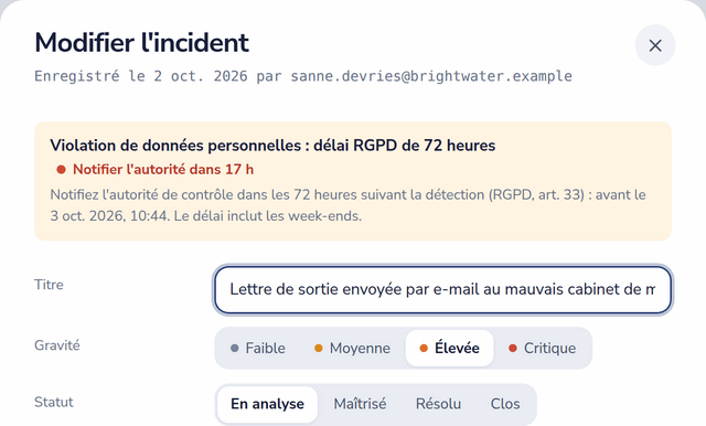 Formulaire d'incident avec le compte à rebours RGPD de 72 heures : notifier l'autorité dans 17 heures