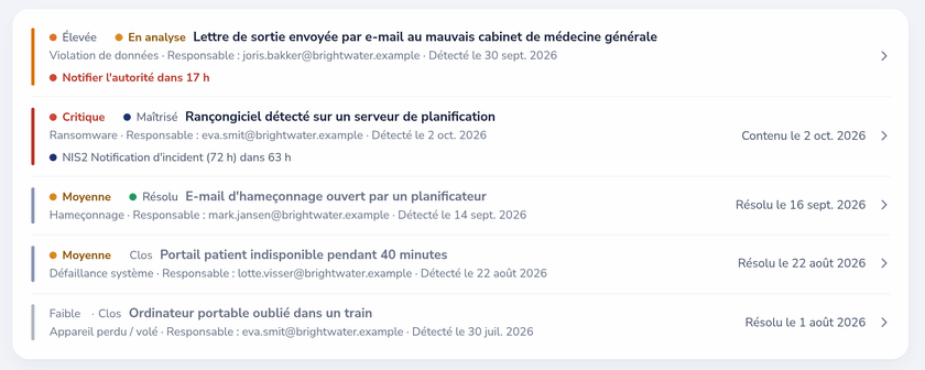 Registre des incidents avec compte à rebours de notification RGPD et jalon de notification d'incident NIS2