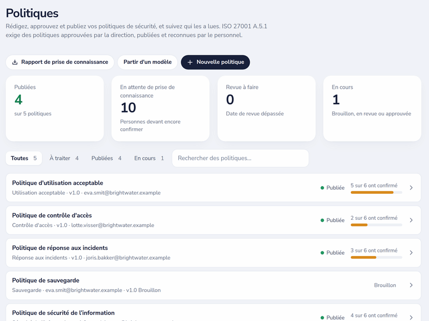 Registre des politiques avec politiques publiées et avancement des prises de connaissance par politique