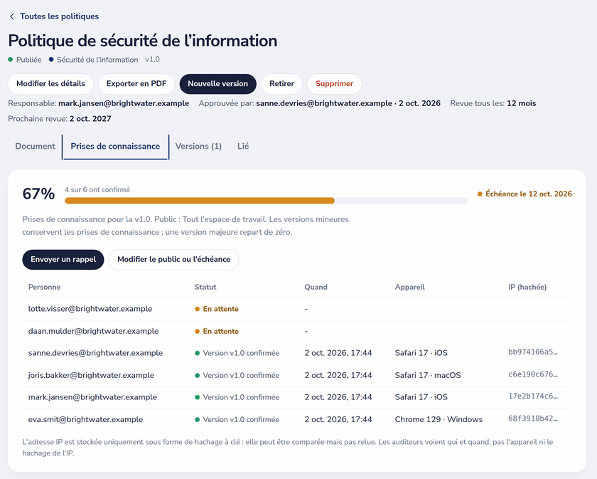 Prises de connaissance de la politique de sécurité de l'information : qui a confirmé quelle version et quand, et qui est encore en attente