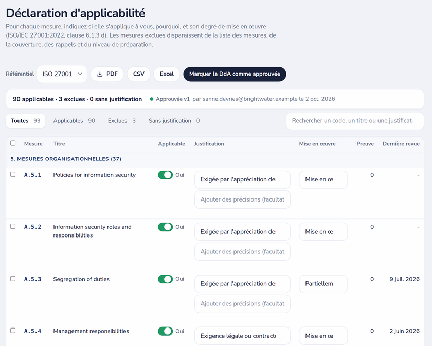 Déclaration d'applicabilité ISO 27001 avec applicabilité, justification, état de mise en œuvre et version approuvée