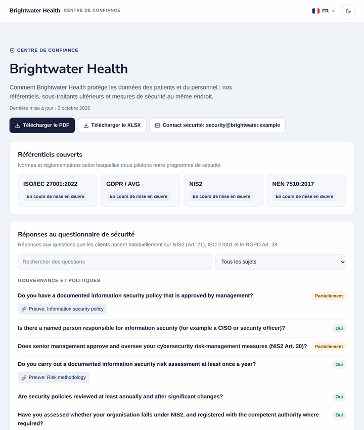Page de confiance publique avec référentiels couverts et réponses aux questions standard des questionnaires de sécurité