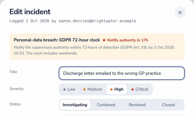 Incident form with the GDPR 72-hour clock: notify the authority in 17 hours