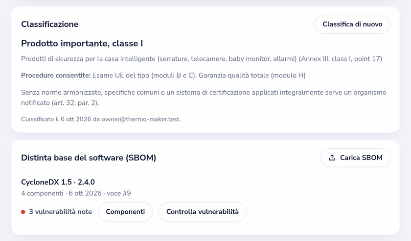 Un prodotto nel registro CRA: classificazione di classe I con le procedure di conformità ammesse, e la sua SBOM con le vulnerabilità note
