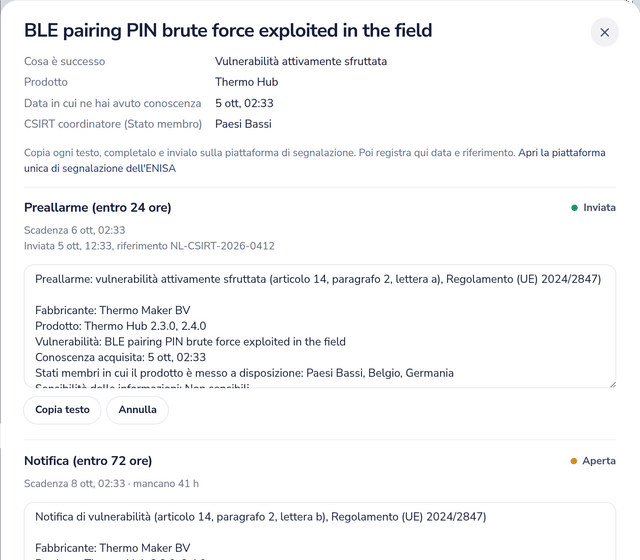 Una segnalazione ai sensi dell’articolo 14 per una vulnerabilità attivamente sfruttata, con il preallarme inviato e la scadenza della notifica in corso