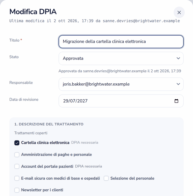 Valutazione d'impatto sulla protezione dei dati con stato, timbro di approvazione, responsabile, data di revisione e i trattamenti che copre