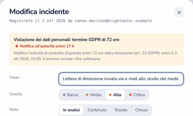 Modulo incidente con il timer GDPR di 72 ore: notifica all'autorità entro 17 ore