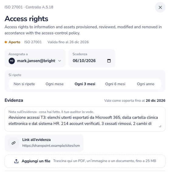 Controllo A.5.18 della ISO 27001 con responsabile, scadenza, ricorrenza, una nota di evidenza, un link all'evidenza e una data di validità