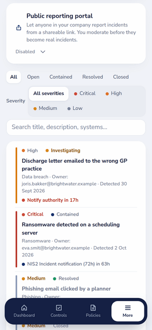 Incident register on a phone with GDPR and NIS2 countdowns