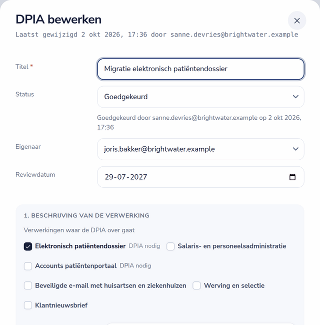 Gegevensbeschermingseffectbeoordeling met status, goedkeuringsstempel, eigenaar, reviewdatum en de verwerkingen die ze dekt