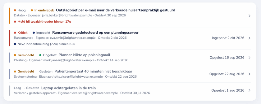 Incidentregister met een aftelklok voor de AVG-melding en een NIS2-mijlpaal voor de incidentmelding