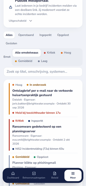 Incidentregister op een telefoon met aftellers voor AVG en NIS2