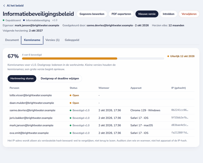 Leesbevestigingen voor het informatiebeveiligingsbeleid: wie welke versie wanneer bevestigde en wie nog moet