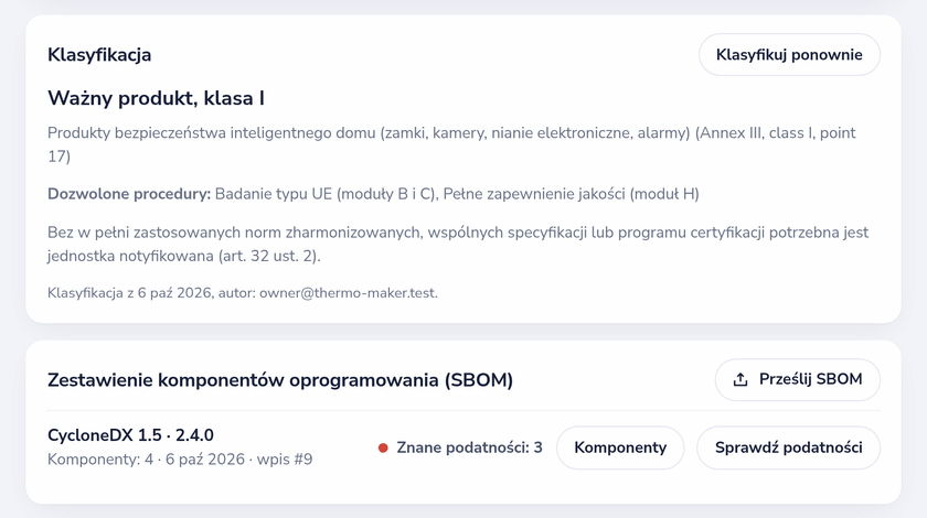 Produkt w rejestrze CRA: klasyfikacja jako klasa I z dozwolonymi procedurami oceny zgodności i jego SBOM ze znanymi podatnościami