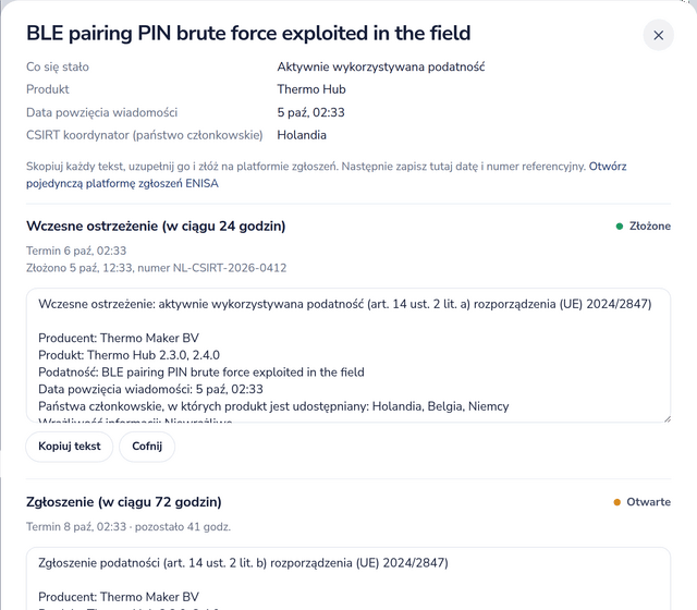 Zgłoszenie z art. 14 dotyczące aktywnie wykorzystywanej podatności, z wysłanym wczesnym ostrzeżeniem i biegnącym terminem zgłoszenia