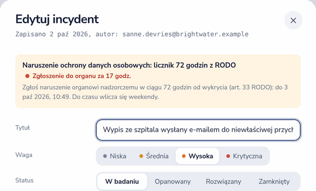 Formularz incydentu z 72-godzinnym zegarem RODO: zgłoś organowi za 17 godzin