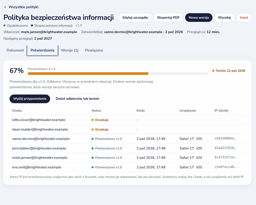 Potwierdzenia zapoznania się z polityką bezpieczeństwa informacji: kto potwierdził którą wersję i kiedy oraz kto jeszcze nie