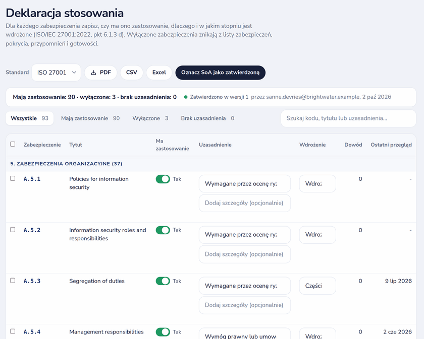 Deklaracja stosowania ISO 27001 ze stosowalnością, uzasadnieniem, statusem wdrożenia i zatwierdzoną wersją